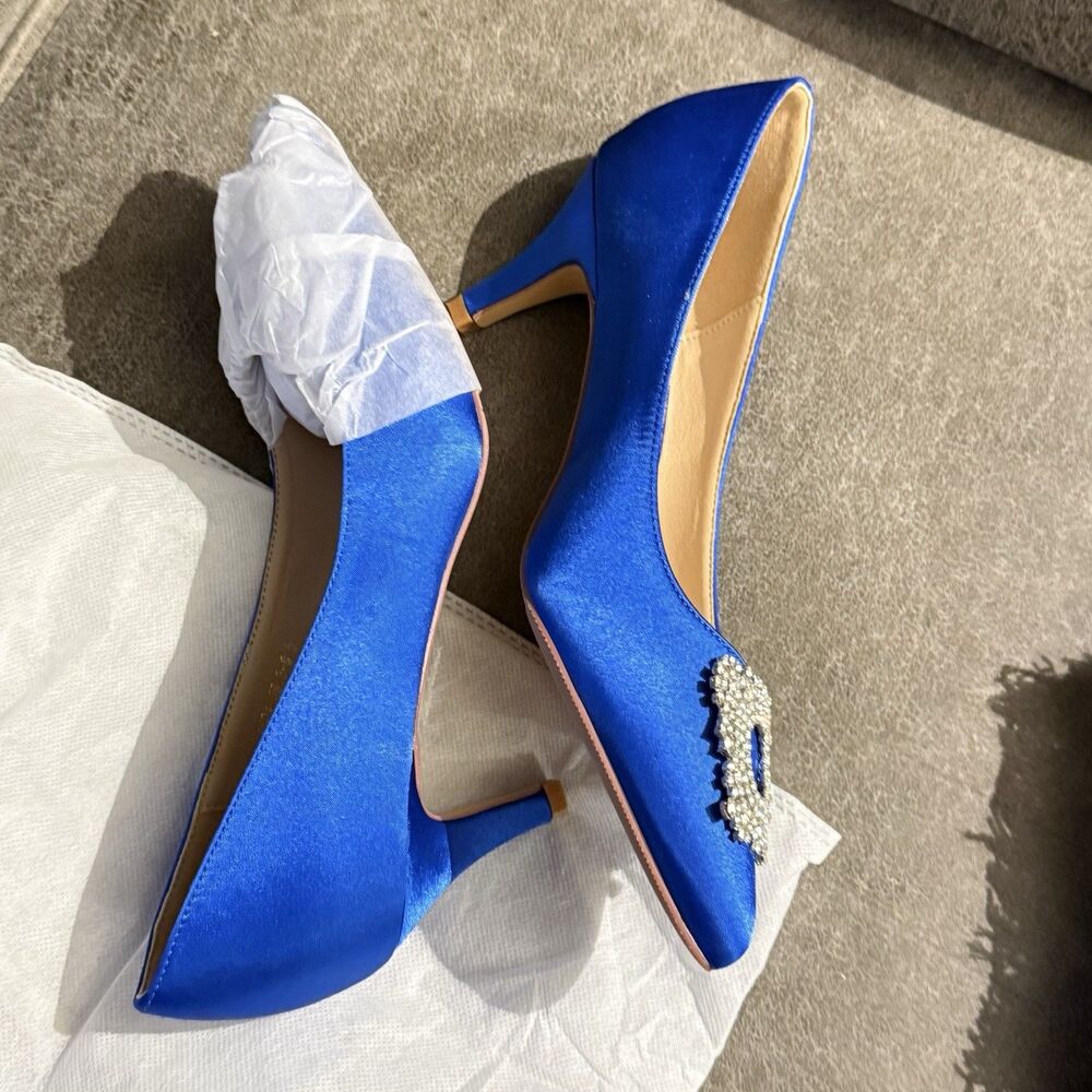 ERIJUNOR Women's Blue Low Heel Rhinestone Brooch Pumps New Size 8 - Picture 10 of 13